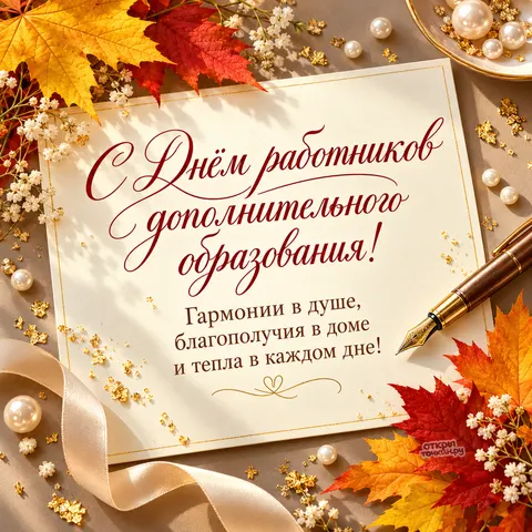 Открытка «С Днём работников дополнительного образования, золотое перо и осенние листья»