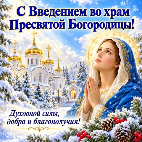 Открытка «С Введением во храм, молящаяся Богородица храм и еловые ветви» — Введение во храм Пресвятой Богородицы