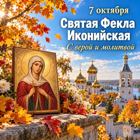 Открытка «С днём святой Феклы, икона на фоне осеннего храма» — Равноапостольная Фекла Иконийская