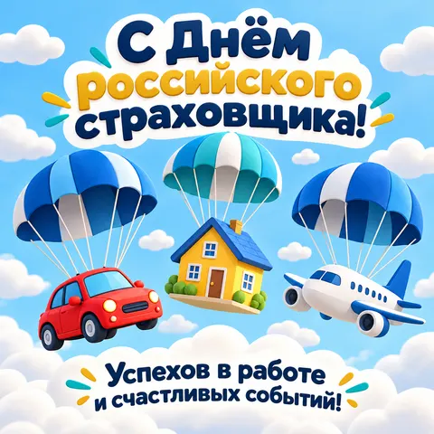 Открытка «С Днём российского страховщика, дом автомобиль и самолёт под парашютами»