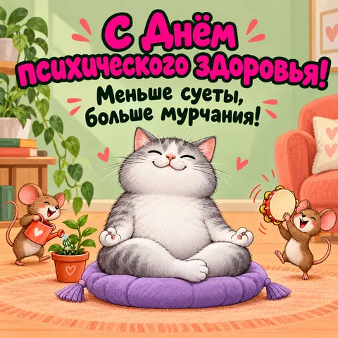 Открытка «Всемирный день психического здоровья» — С Днём психического здоровья, кот медитирует рядом с мышами