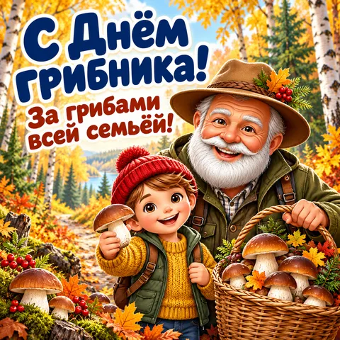 Открытка Всемирный день грибника С днем грибника с семьей