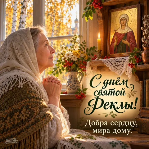Открытка «С днём памяти святой Феклы, домашняя молитва» — Равноапостольная Фекла Иконийская