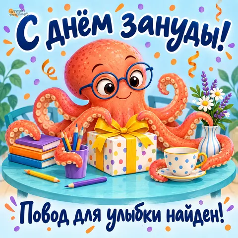 Открытка «С днём зануды, осьминог с подарком и цветами»