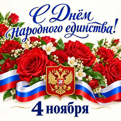 Открытка «С Днём народного единства, красные розы и российский герб»