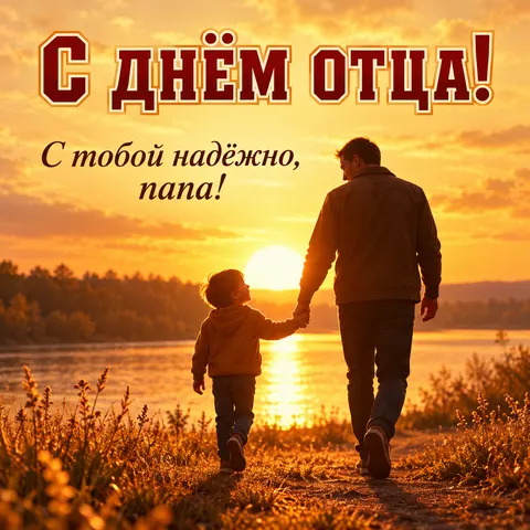 Открытка «С днём отца, папа ведёт ребёнка за руку на закате»