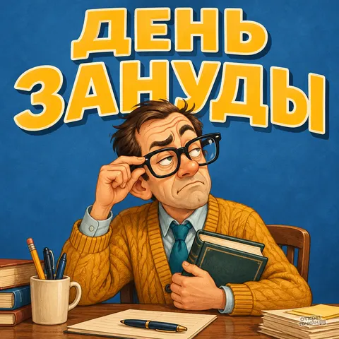 Открытка «День зануды, профессор с книгой и очками»