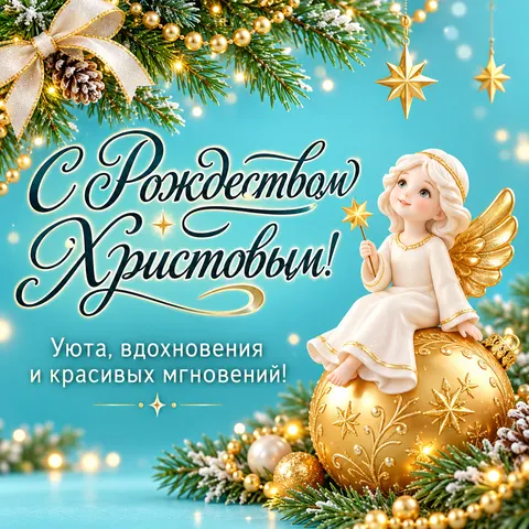 Открытка «С Рождеством Христовым, фарфоровый ангел на золотом шаре»