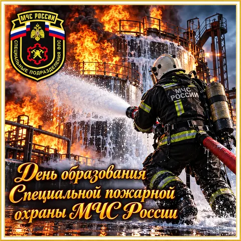 Открытка «День специальной пожарной охраны, работа с пожарным стволом» — День Специальной пожарной охраны МЧС России