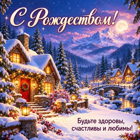 Открытка «С Рождеством Христовым, уютные дома в заснеженных горах»