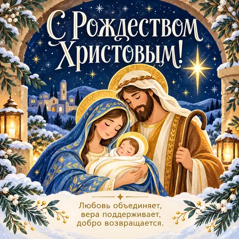 Открытка «С Рождеством Христовым, нежная иллюстрация Святой семьи под звездой»