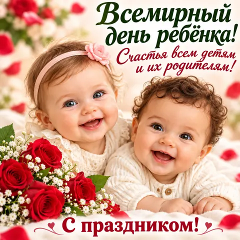 Открытка «Всемирный день ребёнка, улыбающиеся малыши и красные розы»