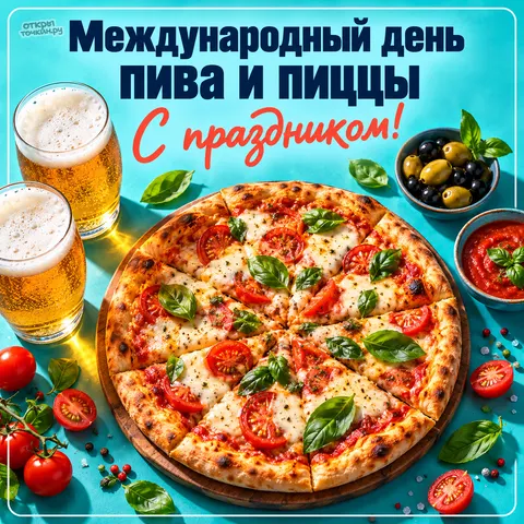 Открытка «Международный день пива и пиццы, яркое угощение на столе»