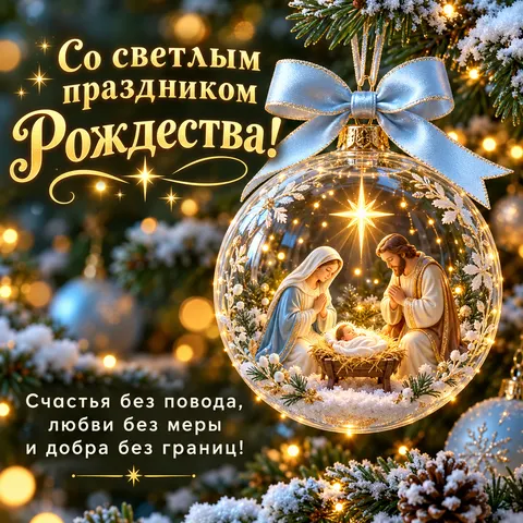 Открытка «С Рождеством Христовым, стеклянный шар с рождественским вертепом»