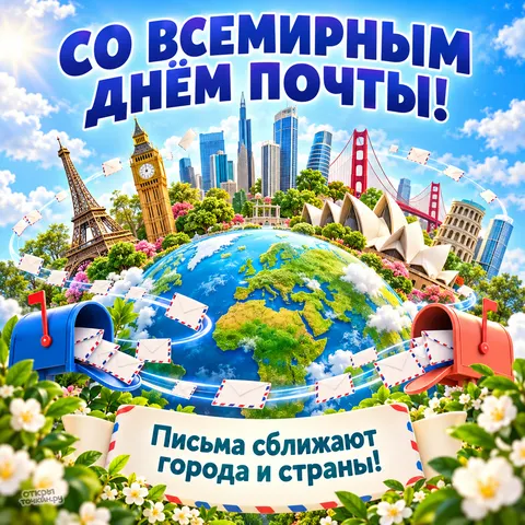 Открытка «Со Всемирным днём почты, письма соединяют города и страны»