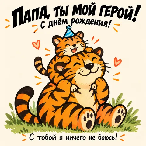Открытка День рождения Папа-тигр и тигрёнок на плечах