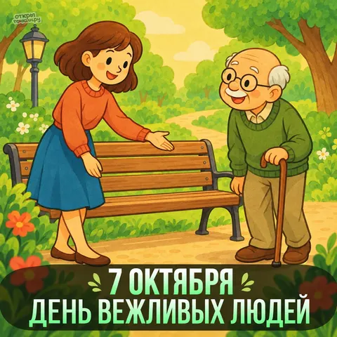 Открытка «День вежливых людей, девушка уступает пожилому мужчине скамейку»
