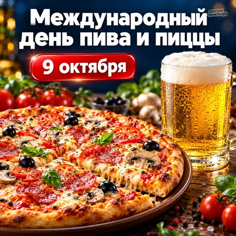 Открытка «Международный день пива и пиццы, аппетитная пицца и золотистое пиво»