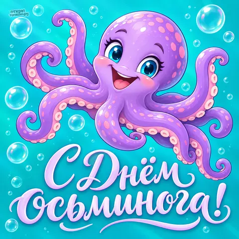 Открытка «День осьминога, весёлый сиреневый осьминог с пузырьками»