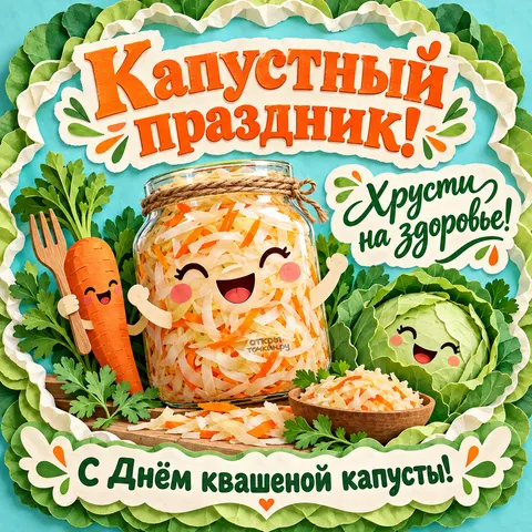 Открытка «С днём квашеной капусты, бумажная банка с кочаном и морковкой»