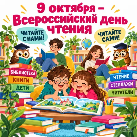 Открытка «Всероссийский день чтения, читатели и учёные совы в библиотеке»