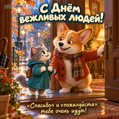 Открытка «День вежливых людей, корги придерживает дверь для котика»