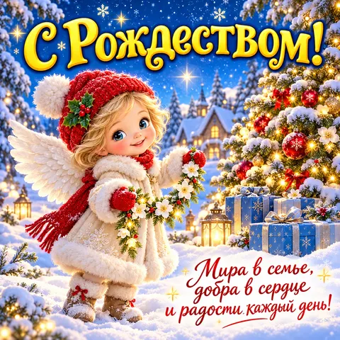 Открытка «С Рождеством Христовым, милый ангел в красной шапочке и подарки»