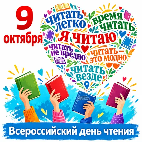 Открытка «Всероссийский день чтения, сердце из слов и книги в руках»