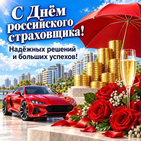 Открытка «С Днём российского страховщика, красный зонт монеты и спортивный автомобиль»