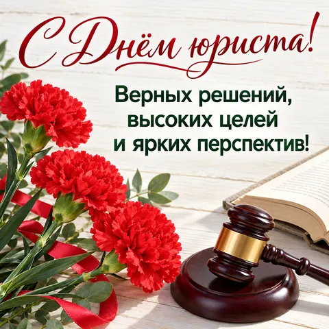 Открытка «С Днём юриста, красные гвоздики книга и молоток»