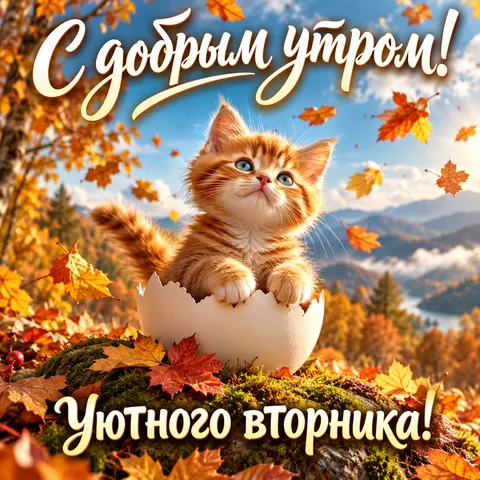 Открытка «С добрым утром вторника, рыжий котёнок в скорлупе»