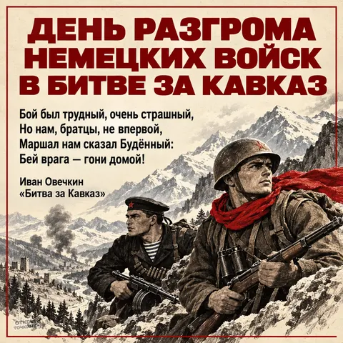 Открытка «Битва за Кавказ, стихотворение Ивана Овечкина» — День разгрома советскими войсками немецко-фашистских войск в битве за Кавказ