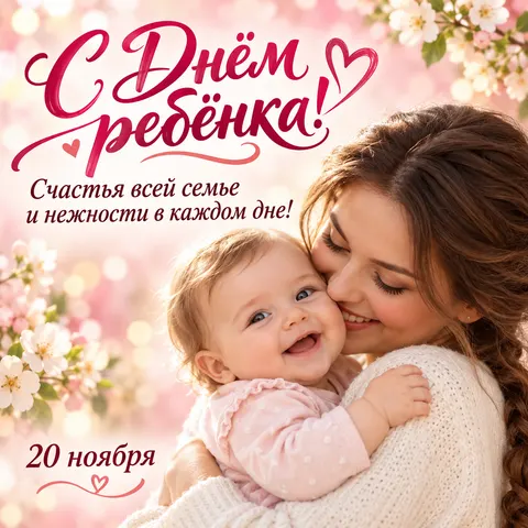 Открытка «С Днём ребёнка, мама обнимает малыша на розовом фоне»
