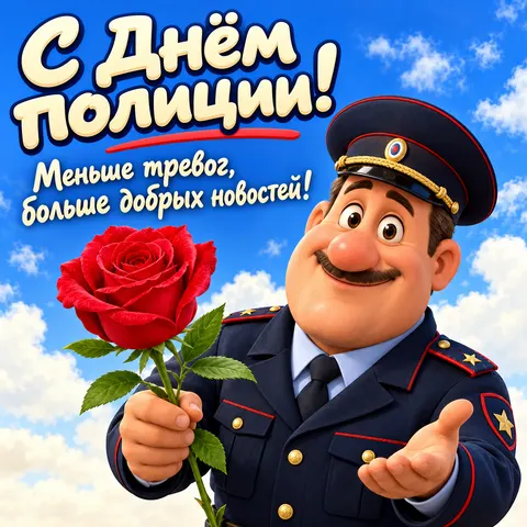 Открытка «С Днём полиции, весёлый полицейский с красной розой» — День сотрудника органов внутренних дел