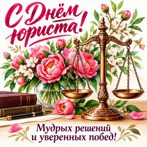 Открытка «С Днём юриста, бронзовые весы и розовые цветы»
