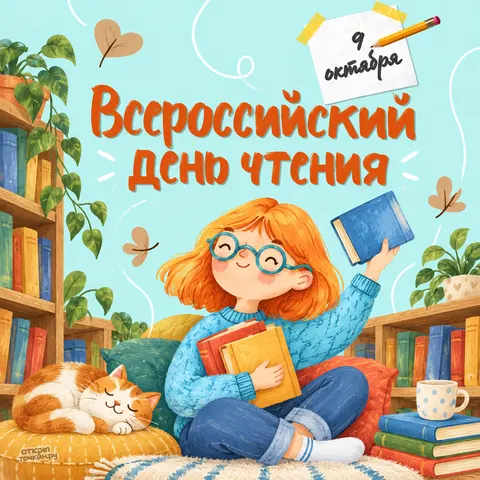 Открытка «Всероссийский день чтения, рыжая девочка в очках с книгами»