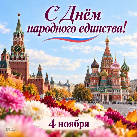Открытка «С Днём народного единства, Красная площадь и осенние цветы»