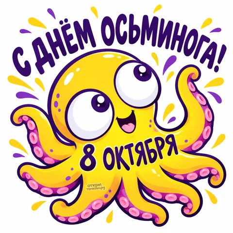 Открытка «День осьминога, жёлтый большеглазый осьминог с розовыми присосками»