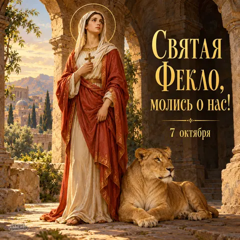 Открытка «Святая Фекла Иконийская и мирная львица» — Равноапостольная Фекла Иконийская