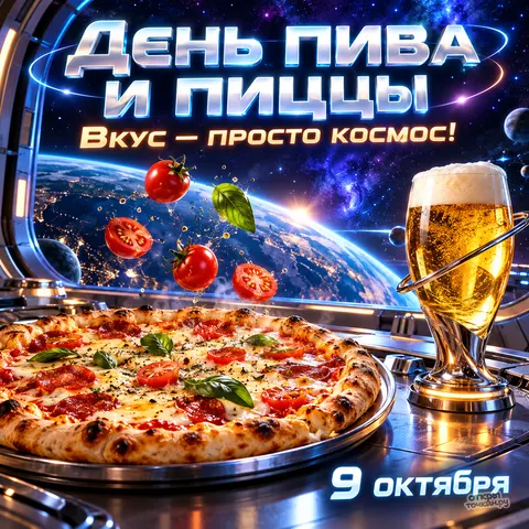 Открытка «Международный день пива и пиццы, космическое угощение»