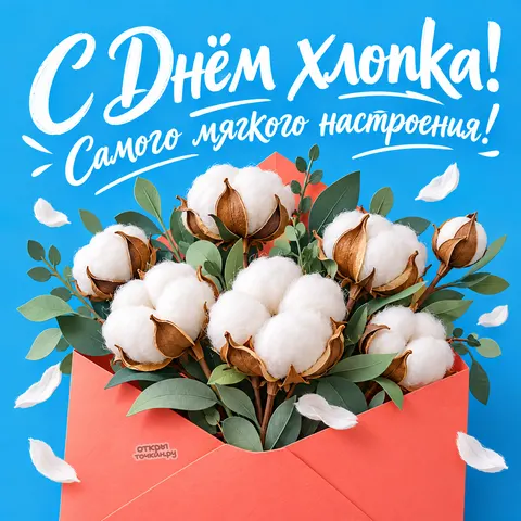Открытка «С Днём хлопка, хлопковый букет в конверте»