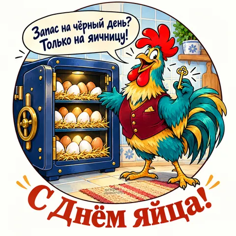 Открытка «Со Всемирным днём яйца, петух охраняет запас яиц в сейфе»