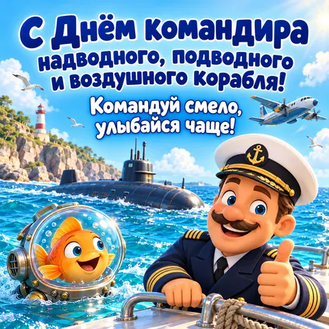 Открытка «С Днём командира корабля, весёлый капитан и рыбка в водолазном шлеме» — День командира надводного, подводного и воздушного корабля