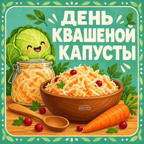 Открытка «День квашеной капусты, улыбающийся кочан с миской и морковкой»