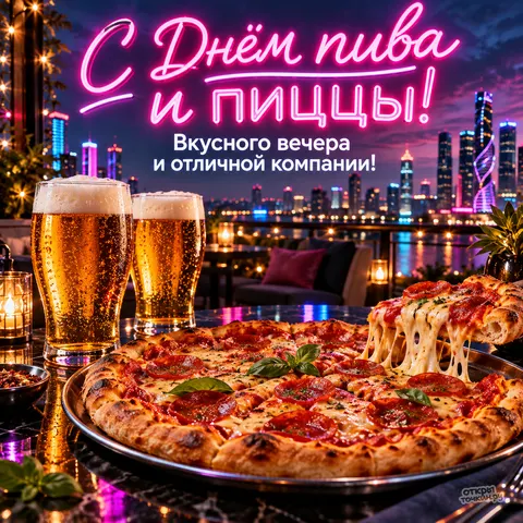 Открытка «С Днём пива и пиццы, вечерний город и неон»