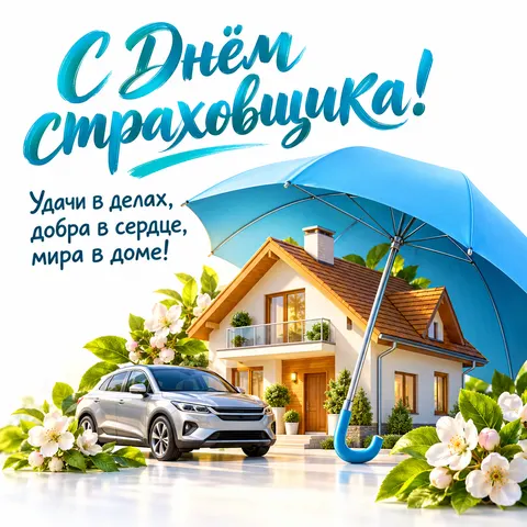 Открытка «С Днём страховщика, голубой зонт дом и серебристый автомобиль» — День российского страховщика
