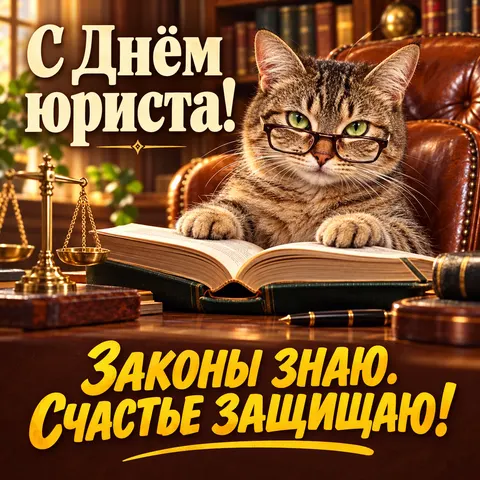Открытка «С Днём юриста, котик в очках читает книгу»