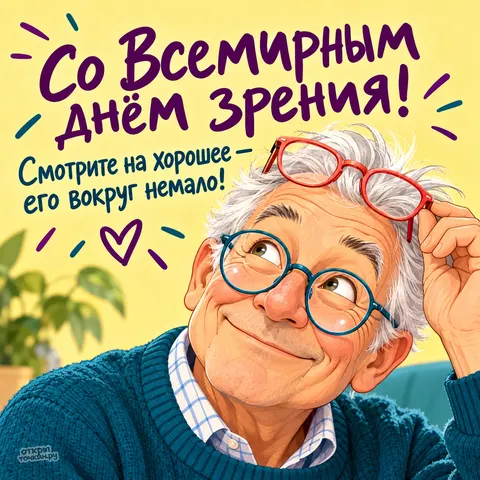 Открытка «Со Всемирным днём зрения, весёлый дедушка в очках»