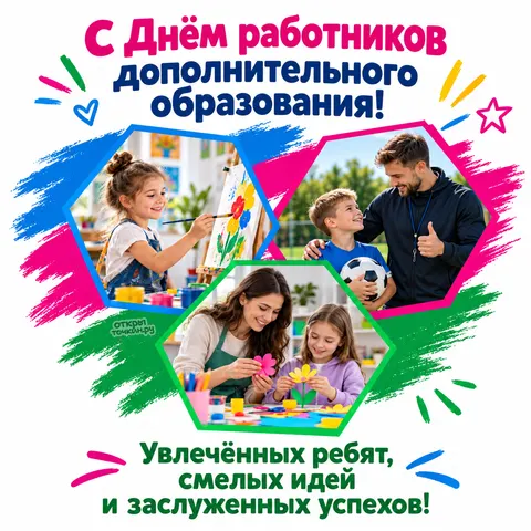 Открытка «С Днём работников дополнительного образования, детские кружки в ярких шестиугольниках»