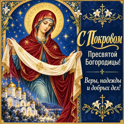 Открытка «Покров Богородицы под золотыми звёздами» — Покров Пресвятой Богородицы